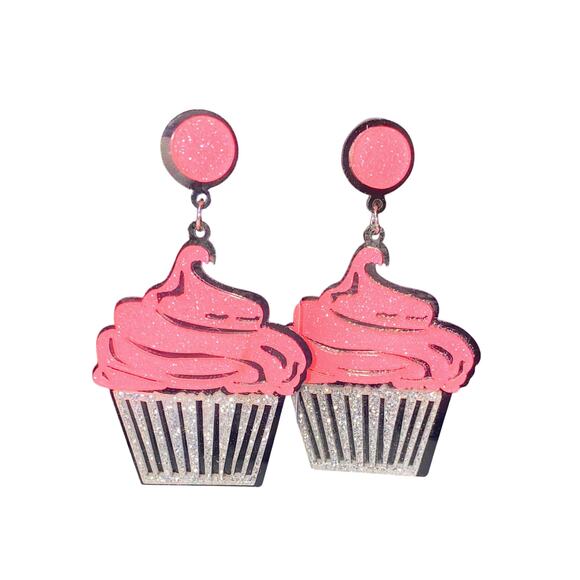 New Pink Cupcake Dangle Sparkle Drop Earrings Kidcore Y2k Barbie‎ Pastel Goth - Picture 1 of 2